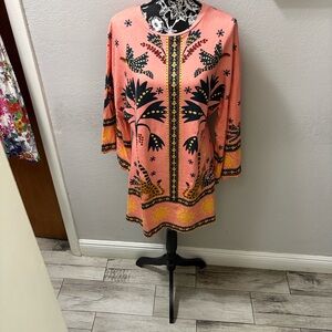 FARM Rio Coral Pink & Navy Mini Dress with Yellow Accents